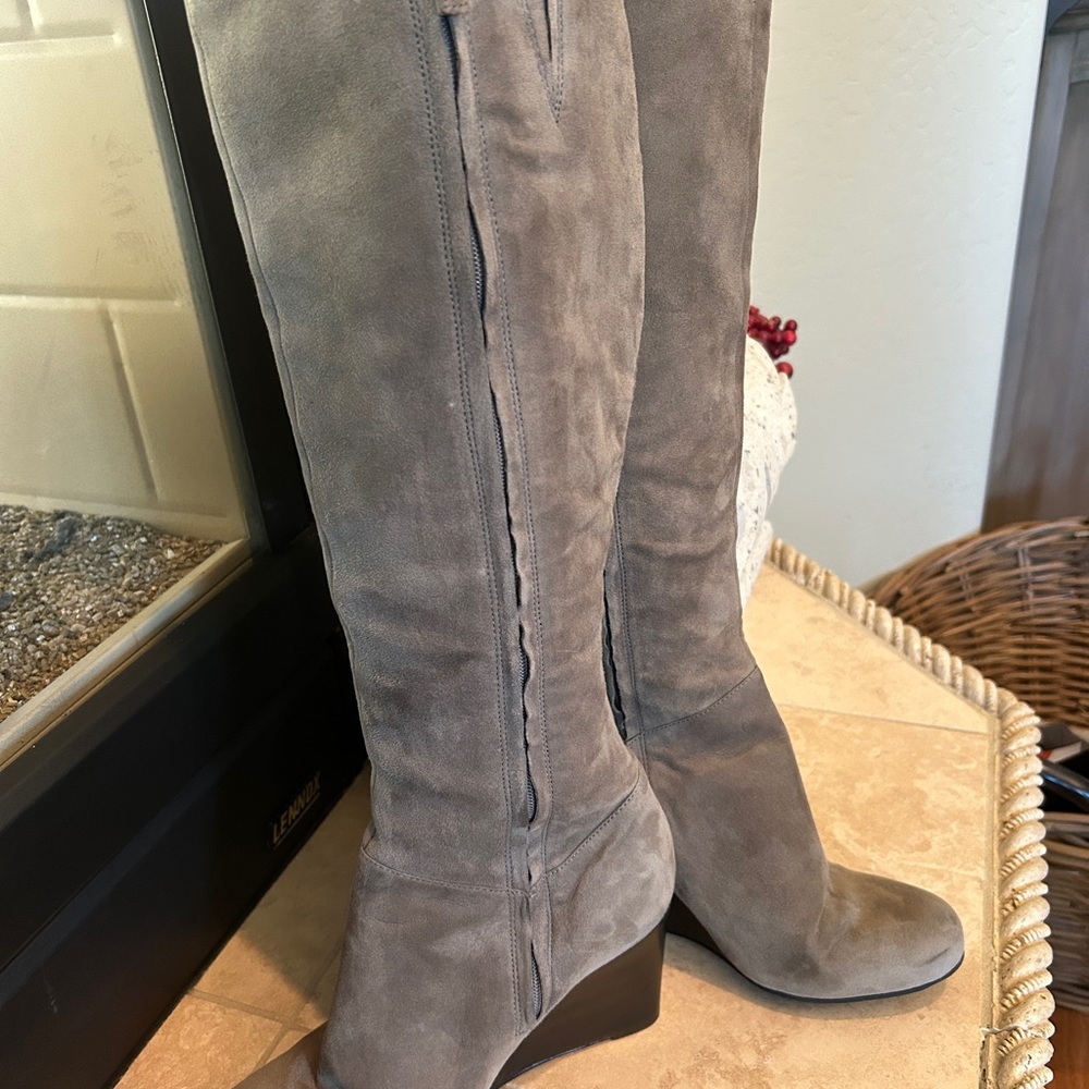 Cole Haan True Gray Suede wedge Heeled Boots Sz 6.5